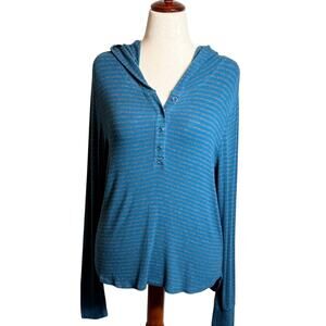 CAbi Riff hoodie blue & gray striped long sleeve knit top with thumbholes Sz L